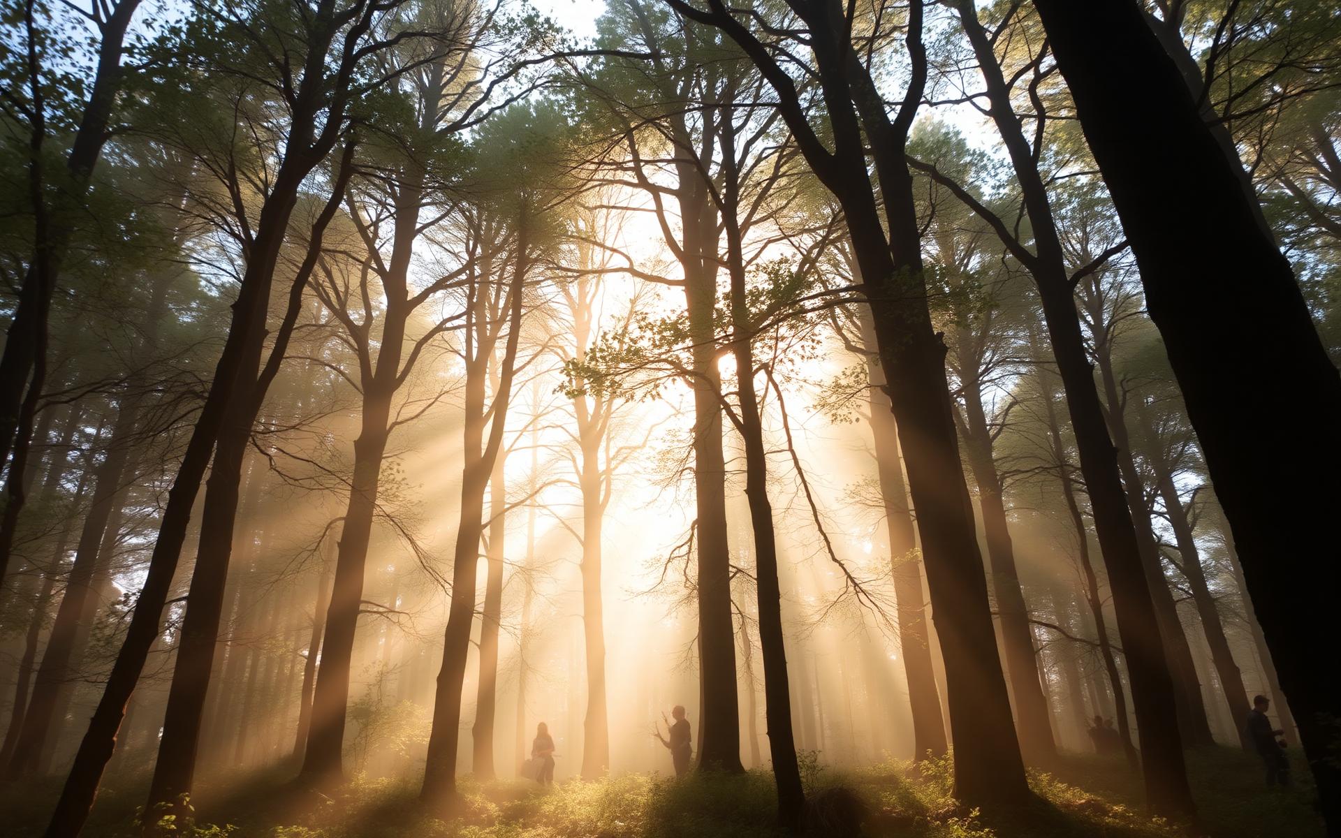 Soft morning light filtering through a quiet forest